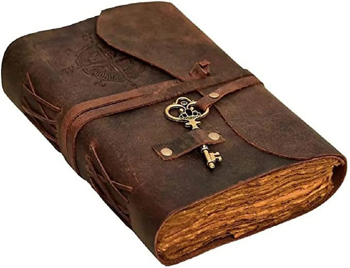 Antique Handmade Compass Vintage Leather Journal - Bound Journal with Deckle Edge Paper Diary - Leather Sketchbook - Drawing Journal Notebook - Great Gift Men and Women (6X8 Inch)