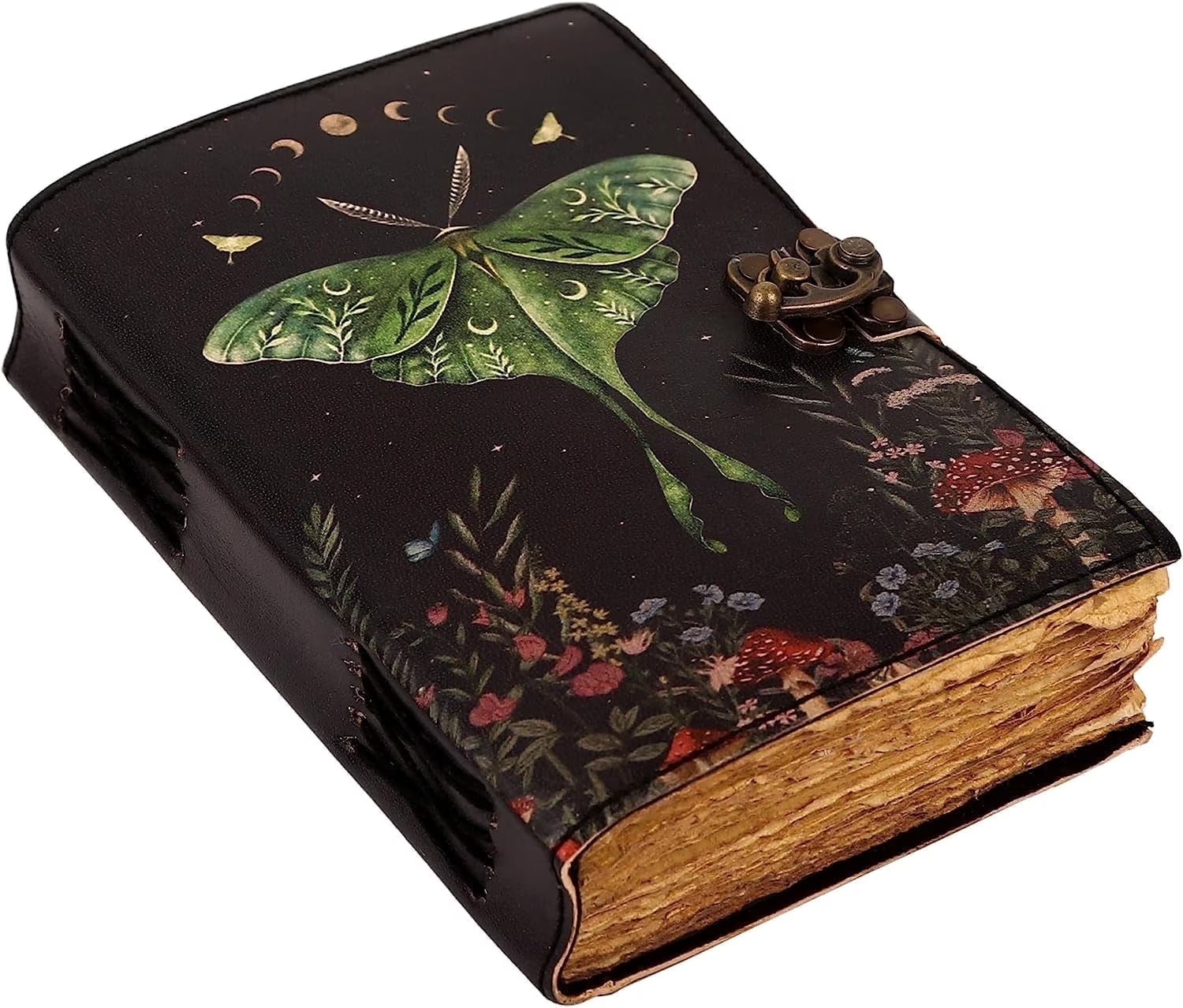 Vintage Journal with Lock Clasp, Handmade Leather, Luna Moths, Morpho Butterfly Print Diary Notebook (7X5 Inch)