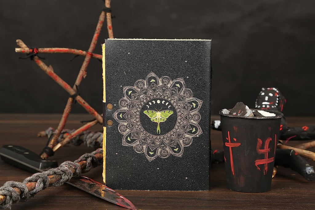 Vintage Journal with Lock Clasp, Handmade Leather, Luna Moths, Morpho Butterfly Print Diary Notebook (7X5 Inch)