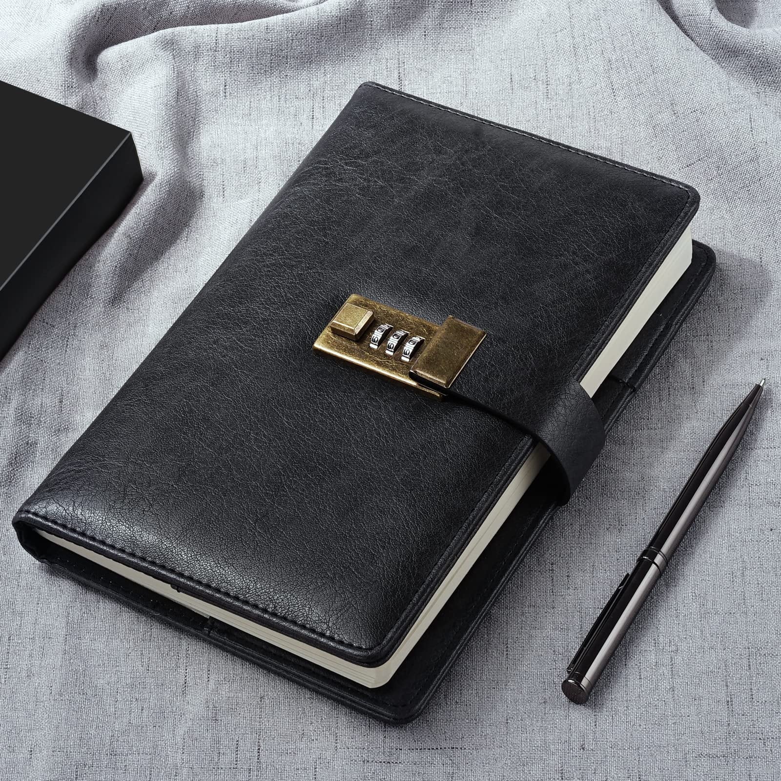 Diary with Lock, A5 PU Leather, 240 Pages, Password Protected Notebook, Pen & Gift Box, Lock Diary,Black