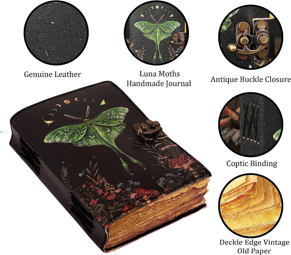 Vintage Journal with Lock Clasp, Handmade Leather, Luna Moths, Morpho Butterfly Print Diary Notebook (7X5 Inch)
