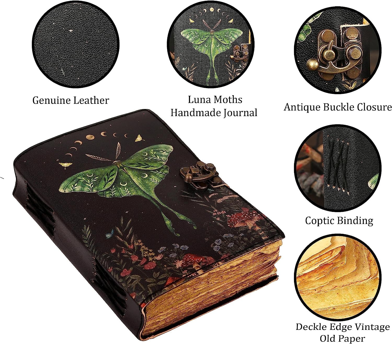 Vintage Journal with Lock Clasp, Handmade Leather, Luna Moths, Morpho Butterfly Print Diary Notebook (7X5 Inch)