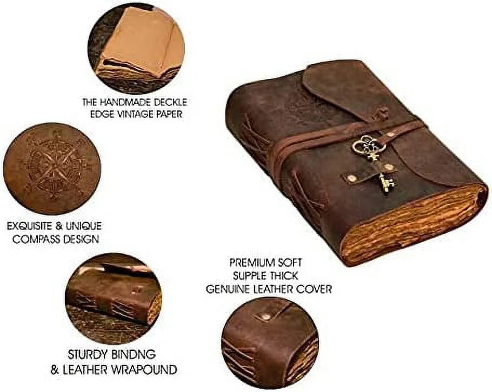 Antique Handmade Compass Vintage Leather Journal - Bound Journal with Deckle Edge Paper Diary - Leather Sketchbook - Drawing Journal Notebook - Great Gift Men and Women (6X8 Inch)