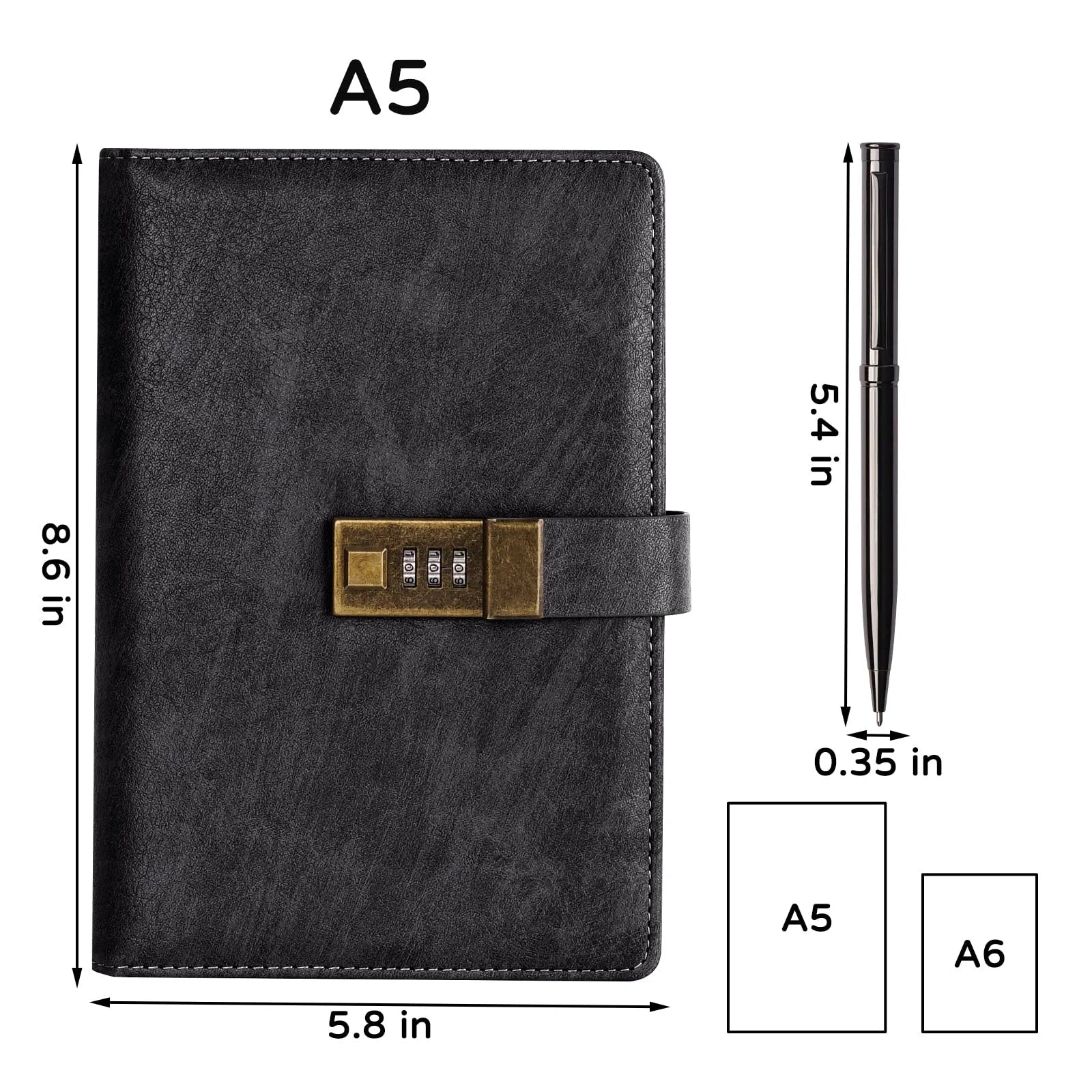Diary with Lock, A5 PU Leather, 240 Pages, Password Protected Notebook, Pen & Gift Box, Lock Diary,Black