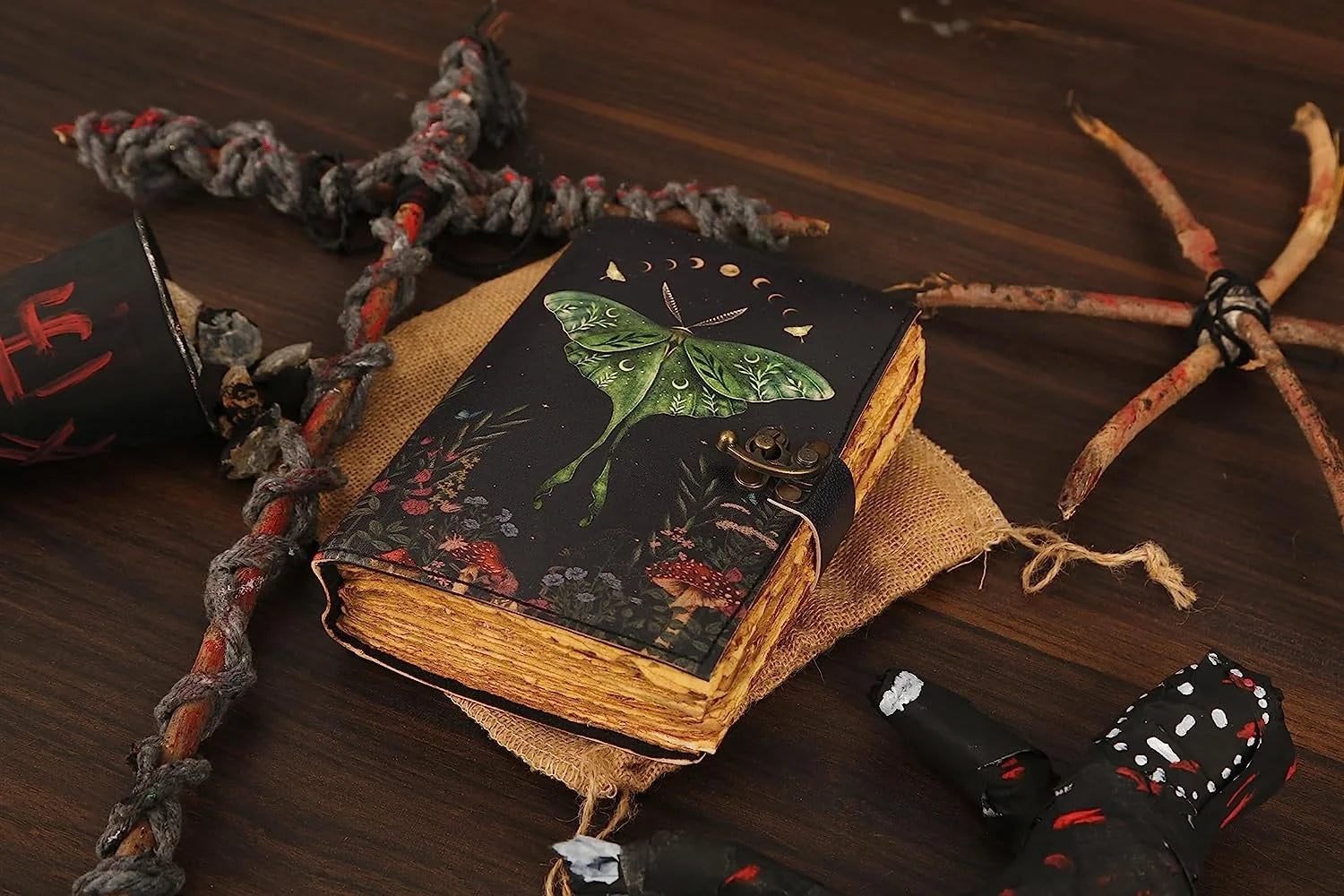 Vintage Journal with Lock Clasp, Handmade Leather, Luna Moths, Morpho Butterfly Print Diary Notebook (7X5 Inch)