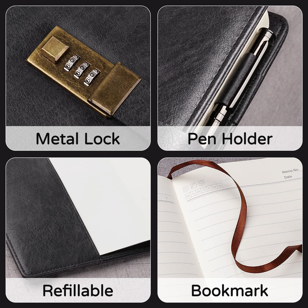 Diary with Lock, A5 PU Leather, 240 Pages, Password Protected Notebook, Pen & Gift Box, Lock Diary,Black