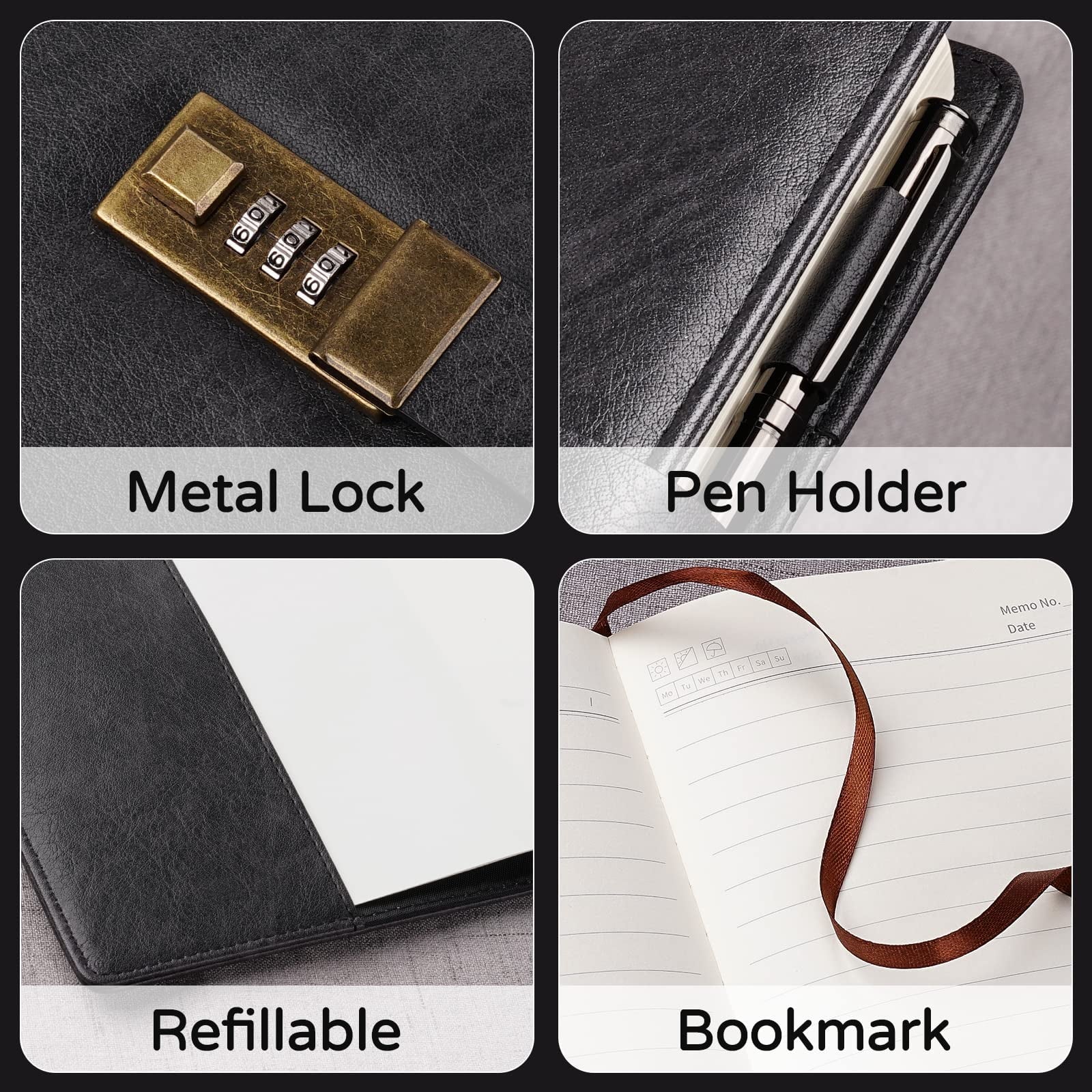 Diary with Lock, A5 PU Leather, 240 Pages, Password Protected Notebook, Pen & Gift Box, Lock Diary,Black