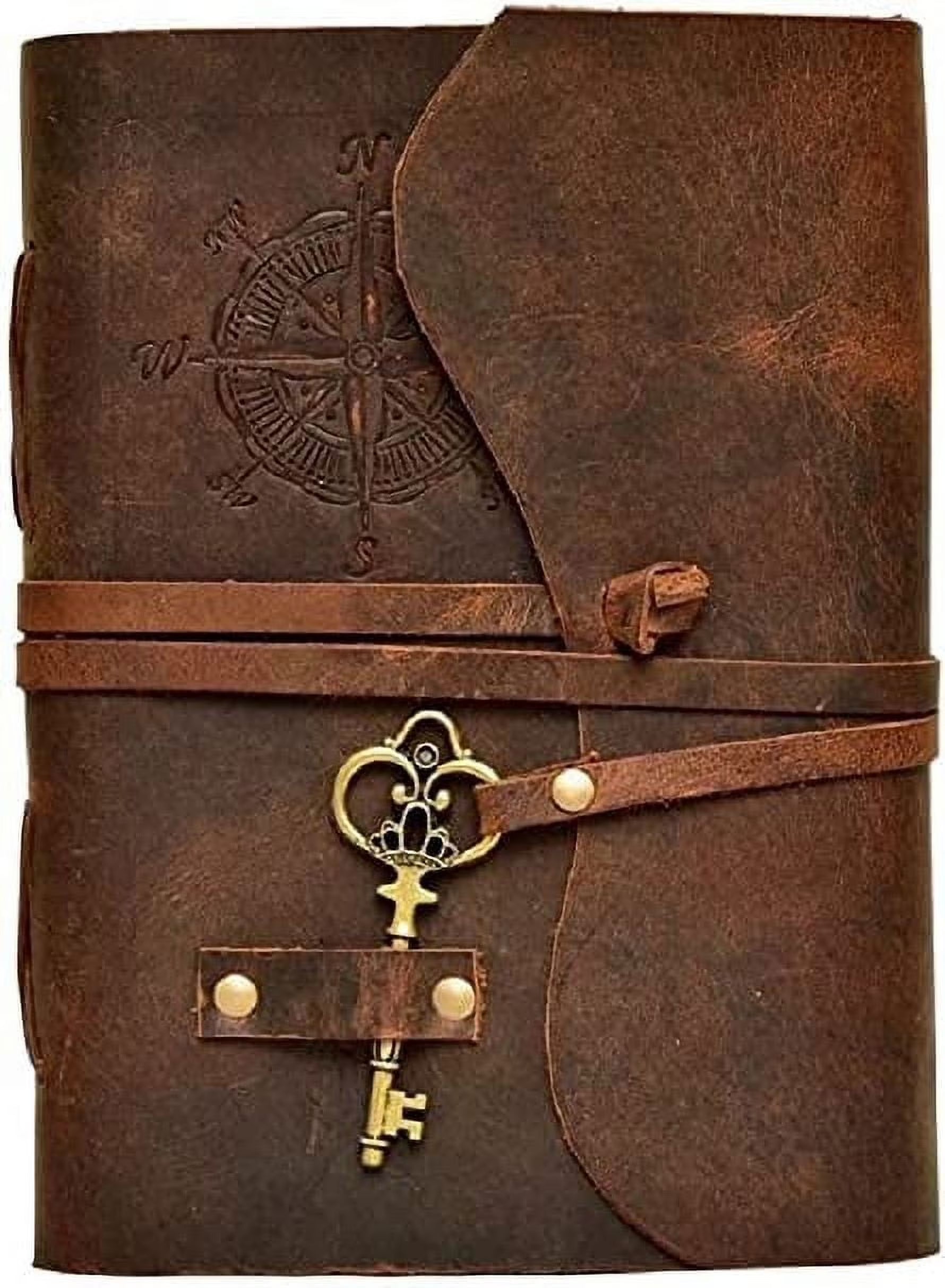 Antique Handmade Compass Vintage Leather Journal - Bound Journal with Deckle Edge Paper Diary - Leather Sketchbook - Drawing Journal Notebook - Great Gift Men and Women (6X8 Inch)